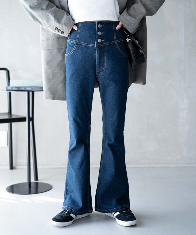 WEGO ハイウエストストレッチデニムフレアパンツ デニム濃色