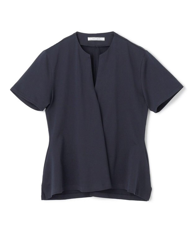 BEIGE， 【洗える】STOCK / オーガニックコットン半袖Vスリットトップス Navy