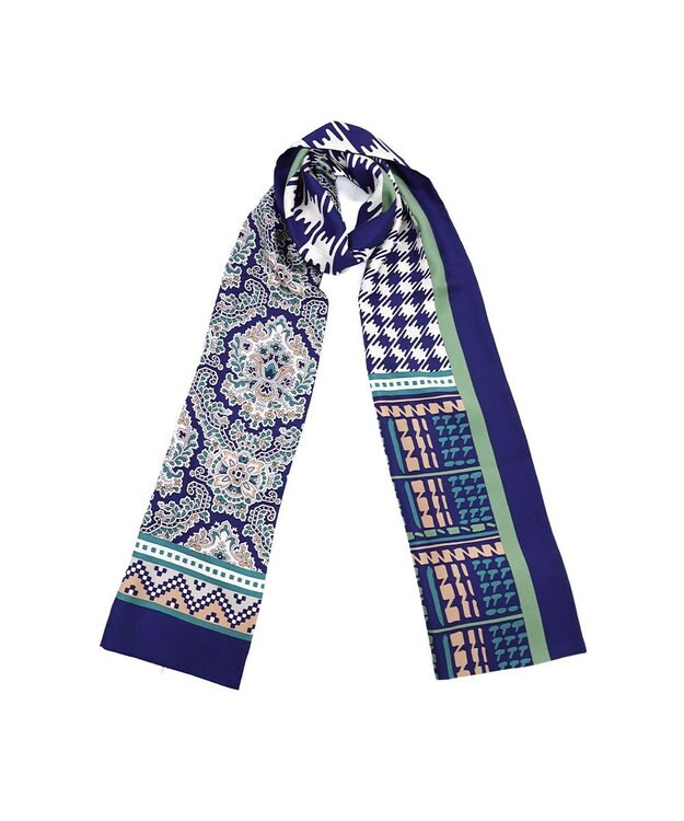 Marca ＜秋の新作！＞【Marcaオリジナル】コラージュプリント ナロースカーフ シルクツイル ネイビー×グリーン