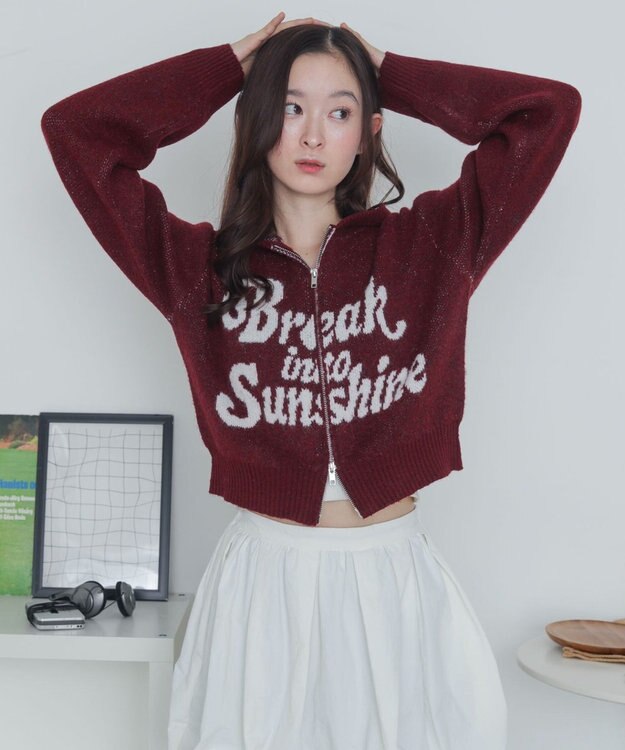 WEGO フラッフィーグラフィックジャガードニットZIPパーカー レッド