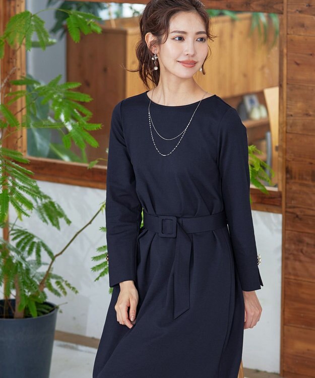 Tiaclasse 【GOLD LABEL・洗える】パールボタン付きポンチワンピース ネイビー