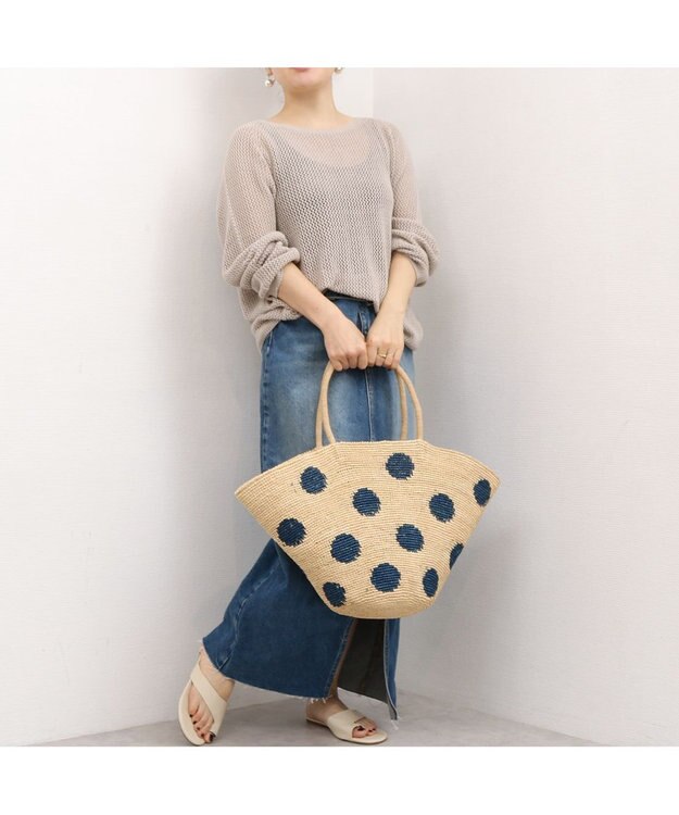 UNBILLION カシュカシュ cachecache / ドット柄ラフィアビッグトートバッグ カゴバッグ ネイビー