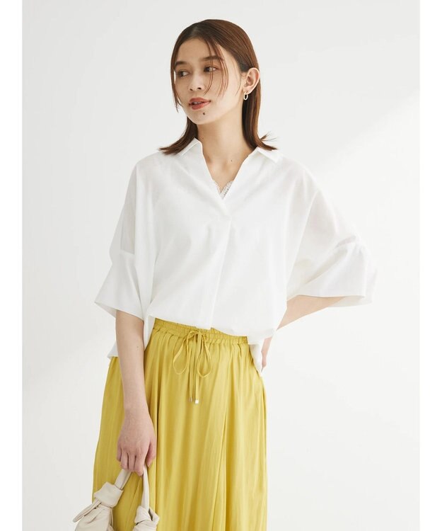 Green Parks 綿麻混スキッパーシャツ Off White