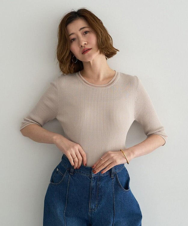 YECCA VECCA シアーMIX5分袖ニット Gray Beige