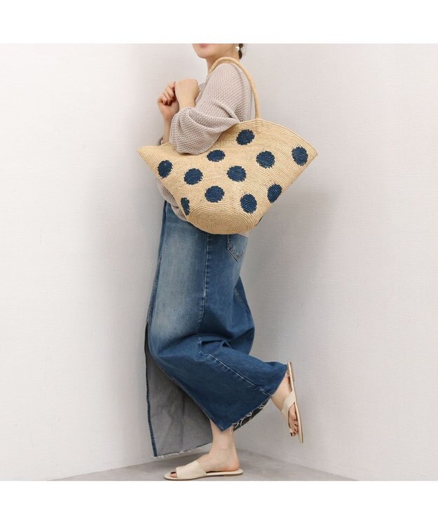 UNBILLION カシュカシュ cachecache / ドット柄ラフィアビッグトートバッグ カゴバッグ ネイビー