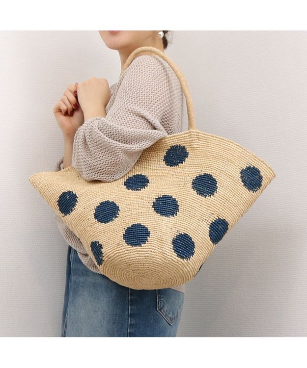 UNBILLION カシュカシュ cachecache / ドット柄ラフィアビッグトートバッグ カゴバッグ ネイビー