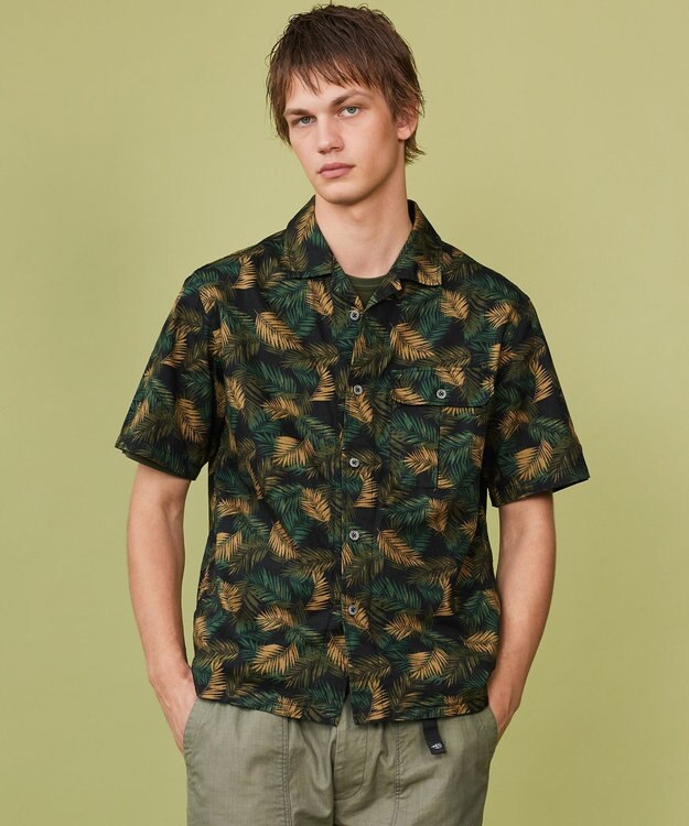 JOSEPH ABBOUD MOUNTAIN 【通気性・腰ポケット付き】ジャングルリーフプリント 半袖シャツ ダークグリーン系6