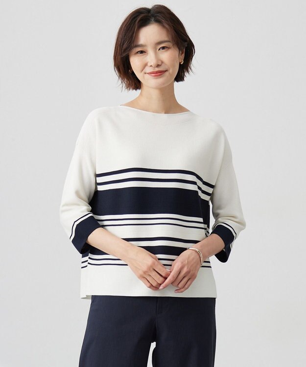 J.PRESS LADIES 【洗える】LINKS WG ホールガーメント ニット ネイビー×オフ系