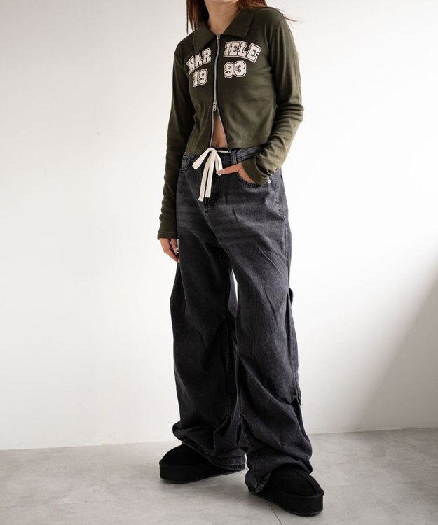 WEGO ドロストコードフレアデニム ブラック