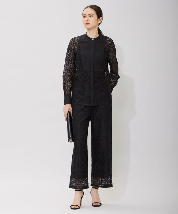 ICB L 【洗える】タイルパターンレース ワイドストレートパンツ ブラック系