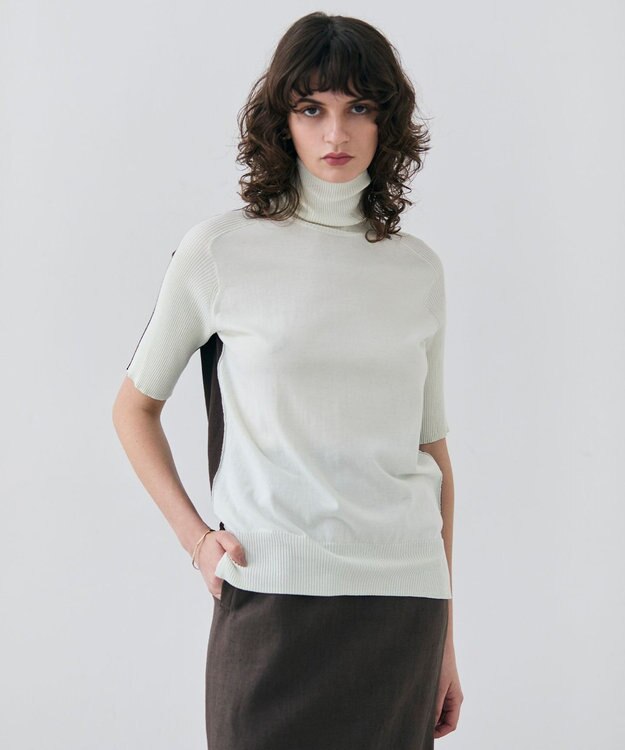 BEIGE， 【洗える】JULIE / シルク混カラーブロックタートルニット Sage×Brown