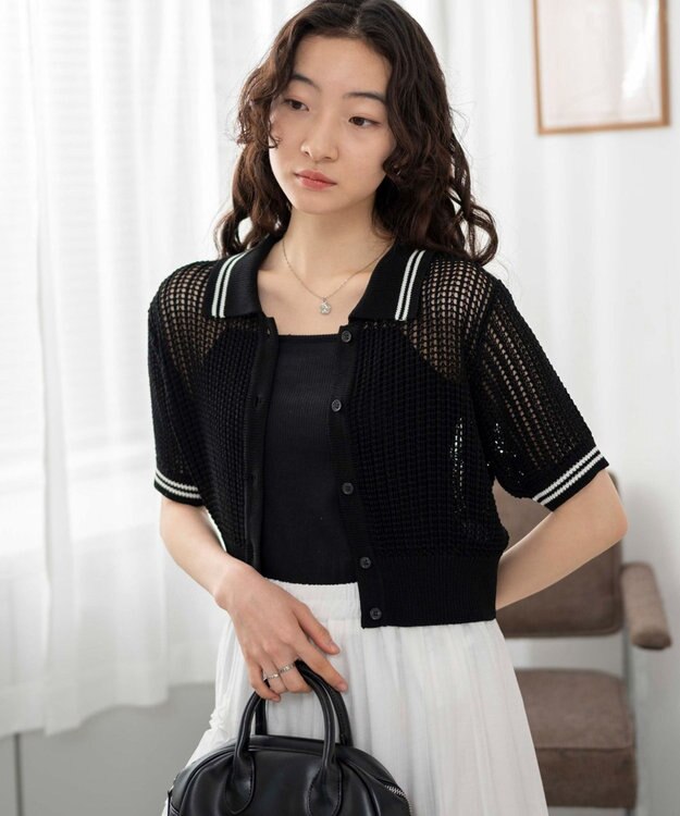 WEGO 襟付きメッシュニットショートカーデ ブラック