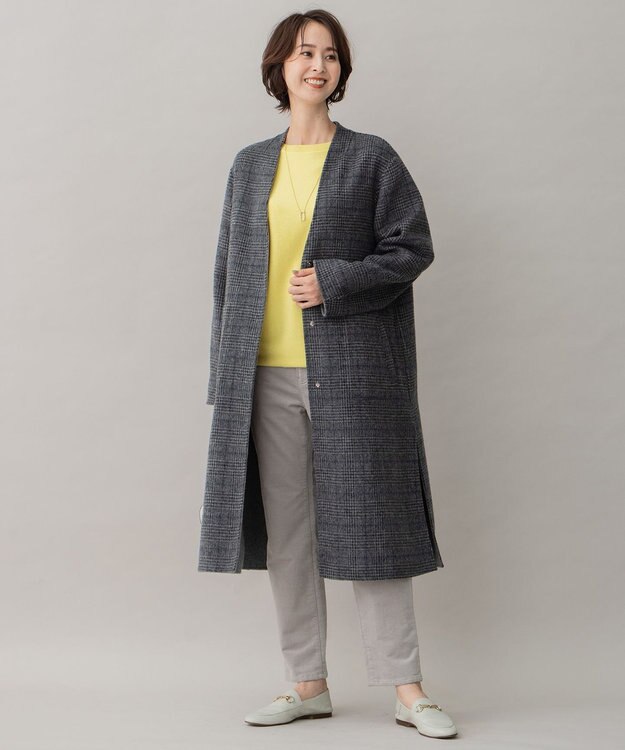 自由区 【リバーシブル】ウールリバー ノーカラーロングコート グレー系