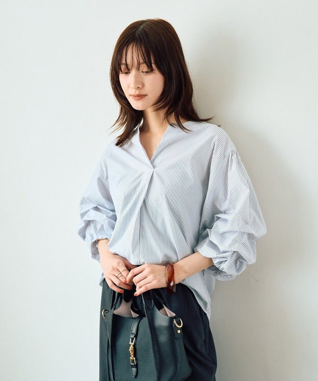 YECCA VECCA タックスリーブスキッパーブラウス Stripe White