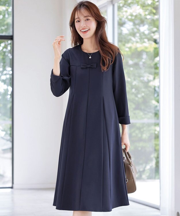 Tiaclasse L 【安田美沙子さん着用・洗える】フレアAラインリボンワンピース ネイビー