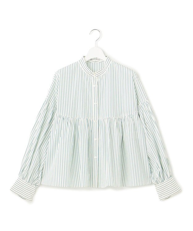 23区 S 【洗える】CANCLINI ギャザー フレア ブラウス ホワイト×グリーンストライプ