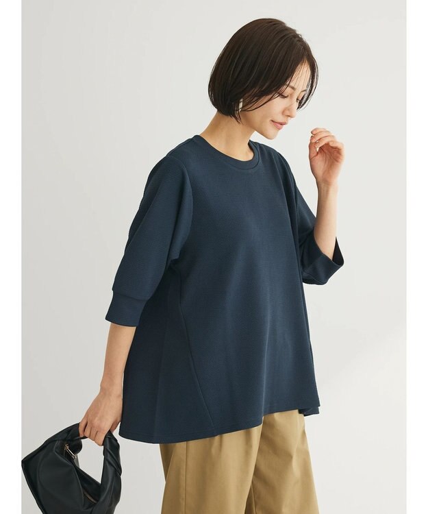 Green Parks ぽこぽこ７分袖カットプルオーバー Navy