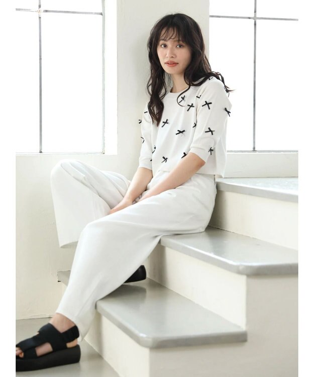 Green Parks ・ＡＮＤ　ＳＥＡＲＣＨ　メニーリボン５分袖ニット Off White