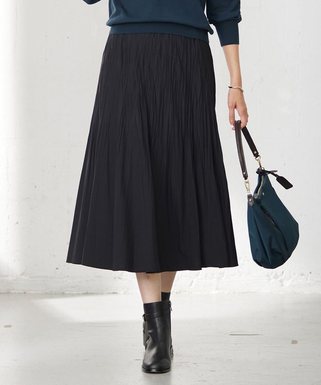 J.PRESS LADIES L 【洗える】パウダリージャージー ランダムプリーツ スカート ブラック系