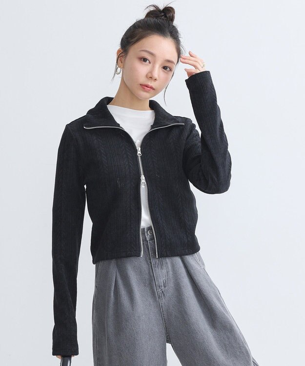 earth music&ecology ベロアケーブルＺｉｐカーディガン Ivory