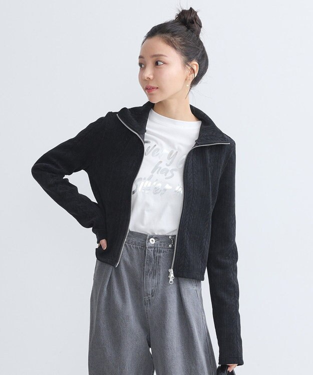 earth music&ecology ベロアケーブルＺｉｐカーディガン Ivory