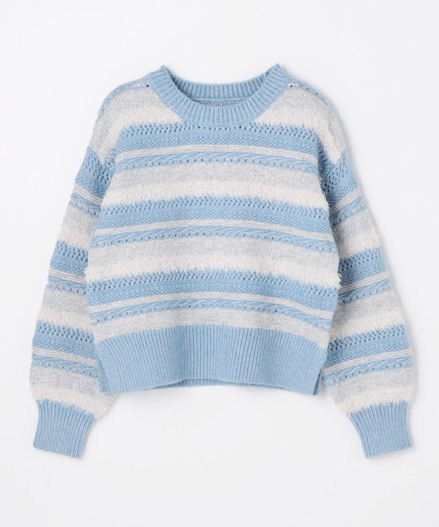 ANY パターンボーダーニット ライトブルー系