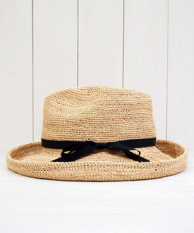 石田製帽 ラフィア糸入りかぎ編みポークセーラ　細リボン ナチュラル