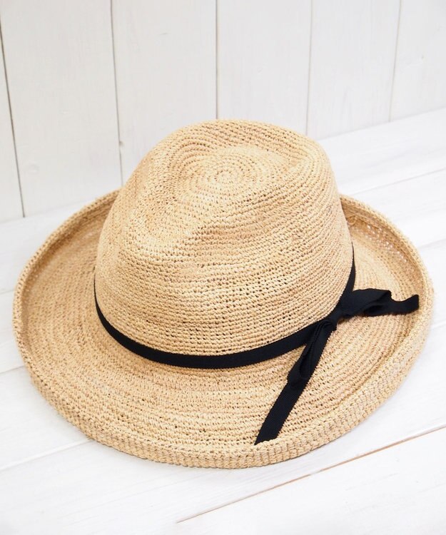 石田製帽 ラフィア糸入りかぎ編みポークセーラ　細リボン ナチュラル