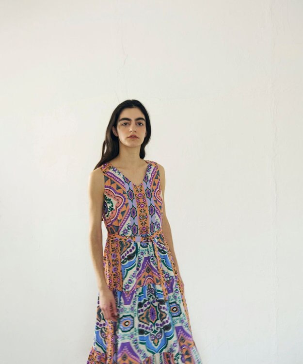 GRACE CONTINENTAL パネルプリントティアードワンピース オレンジ