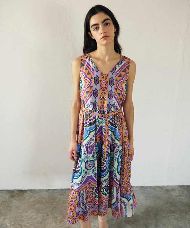 GRACE CONTINENTAL パネルプリントティアードワンピース オレンジ