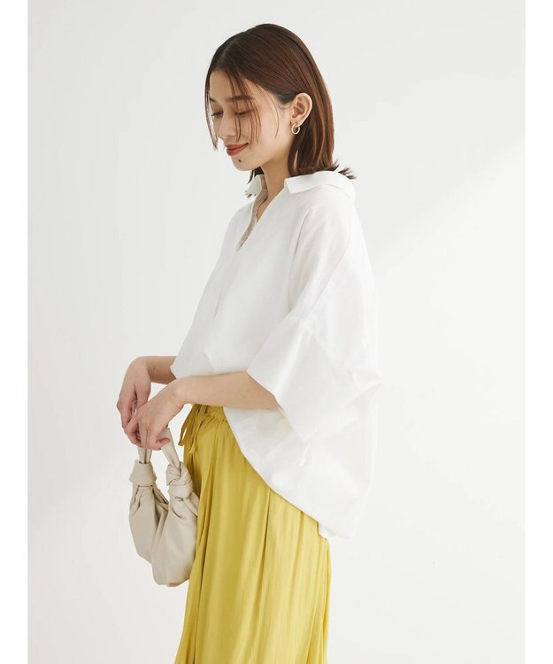 Green Parks 綿麻混スキッパーシャツ Off White