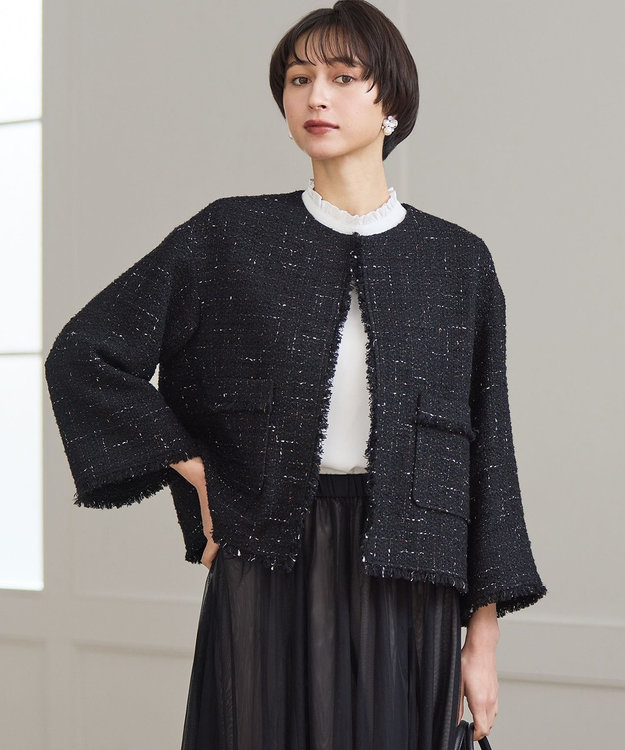 23区 GIOLICAツイード ノーカラー ジャケット ブラックミックス