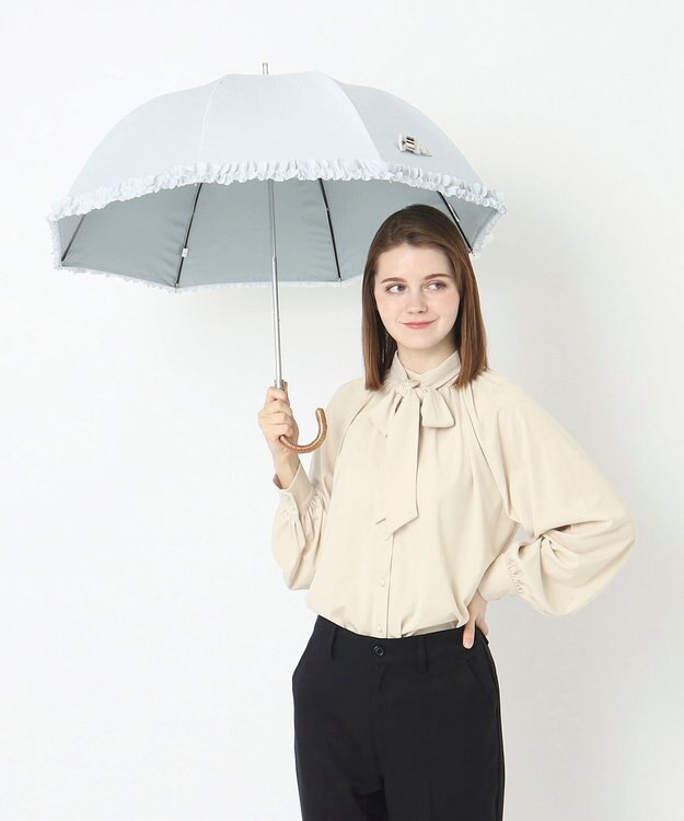 MOONBAT ランバン オン ブルー 晴雨兼用日傘 長傘 ドビー×フリル 遮光 遮熱 UV オリーブグレー