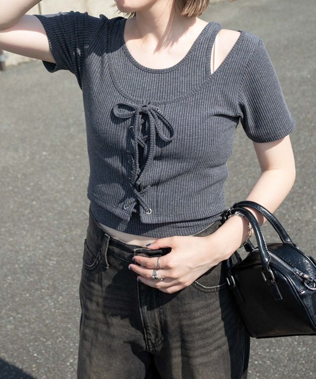 WEGO レイヤードレースアップトップス ダークグレー