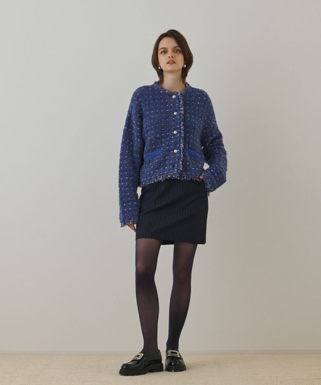 GRACE CONTINENTAL ツイードニットショートカーディガン ブルー