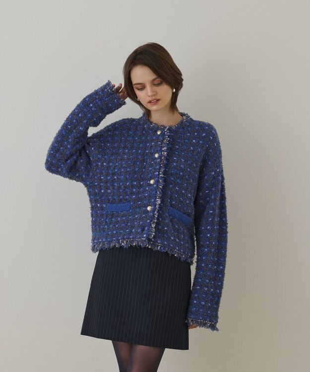 GRACE CONTINENTAL ツイードニットショートカーディガン ブルー