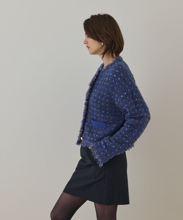 GRACE CONTINENTAL ツイードニットショートカーディガン ブルー