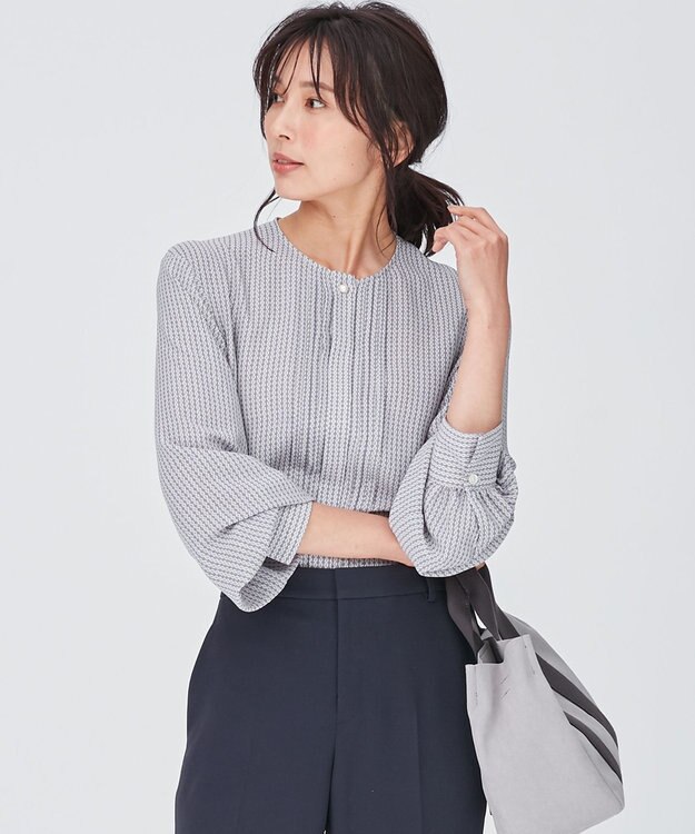 23区 L 【洗える】ヴィンテージ プリント ピンタック ブラウス サックスブループリント