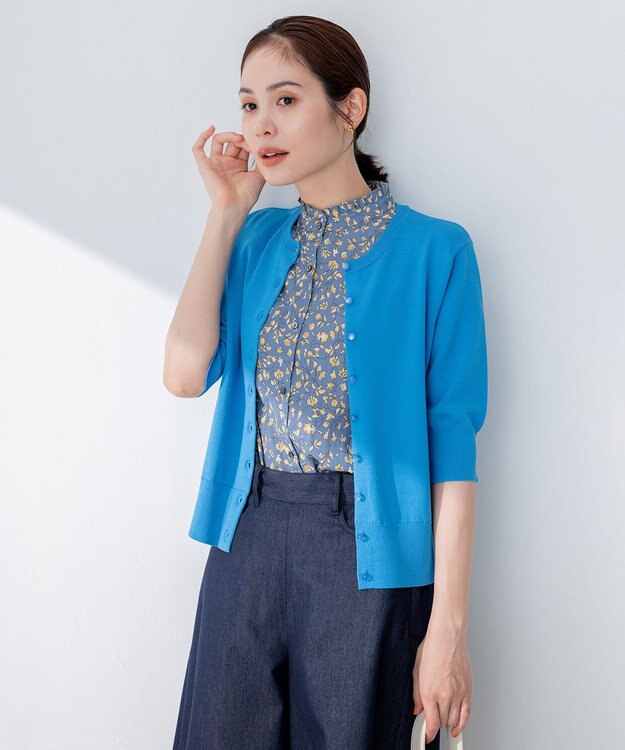 組曲 【5色展開・洗える】MINA半袖 カラーカーディガン ブルー系