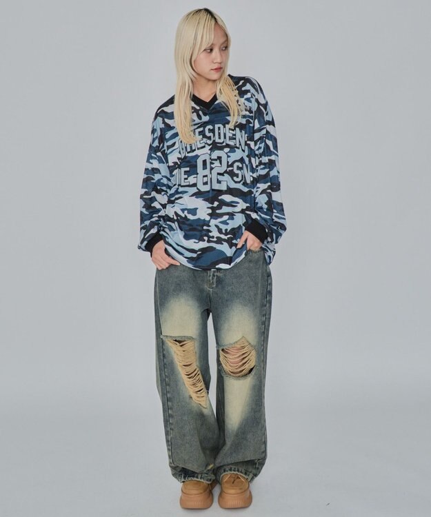 WEGO 【ユニセックス着用ITEM/MLサイズ展開】カモフラナンバリングホッケーT（LS） ブルー