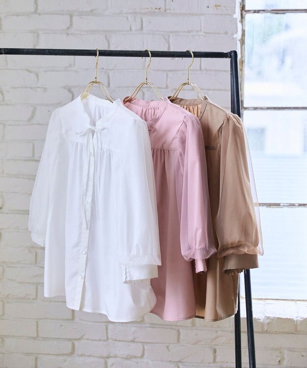 Feroux 袖チュールリボンスキッパー ブラウス ホワイト系