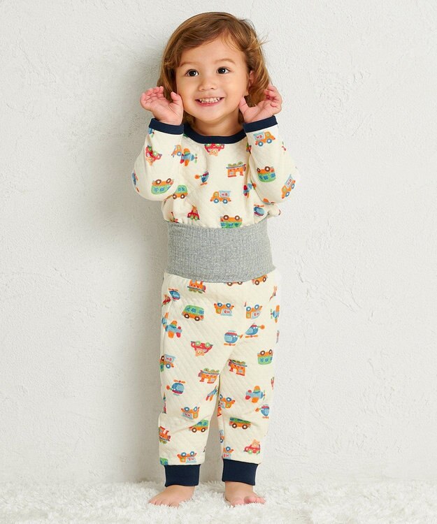 MIKI HOUSE HOT BISCUITS 【80-120cm】 あったかキルト素材 乗り物柄 腹巻き付き長袖パジャマ アイボリー