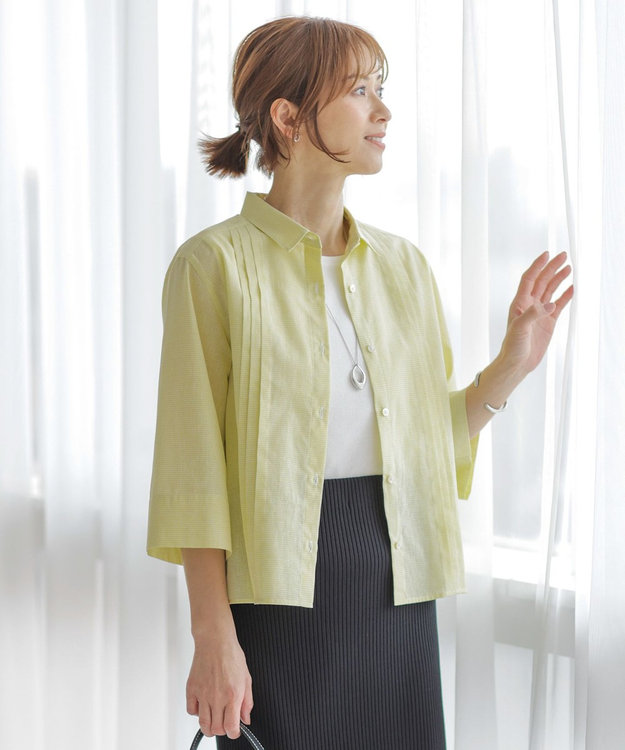 J.PRESS LADIES 【洗える】リネンminiチェック フロントピンタック シャツ ピスタチオ系