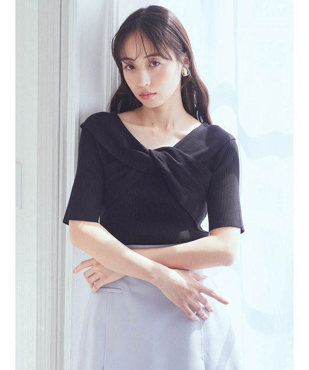 earth music&ecology フロントクロスリブニットプルオーバー Black