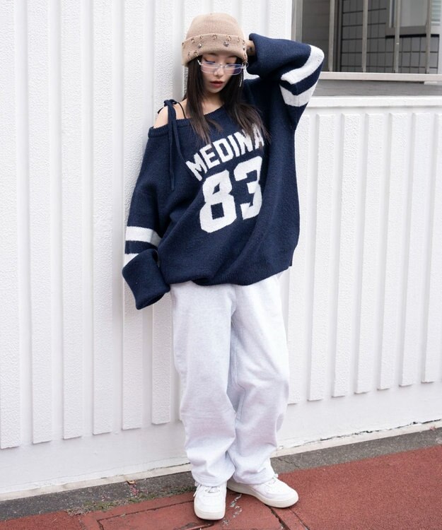 WEGO フラッフィー2WAYグラフィックワンショルBIGニット ネイビー