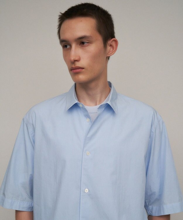 ATON SHRINK COTTON LAWN | オーバーサイズハーフスリーブシャツ - UNISEX SAX