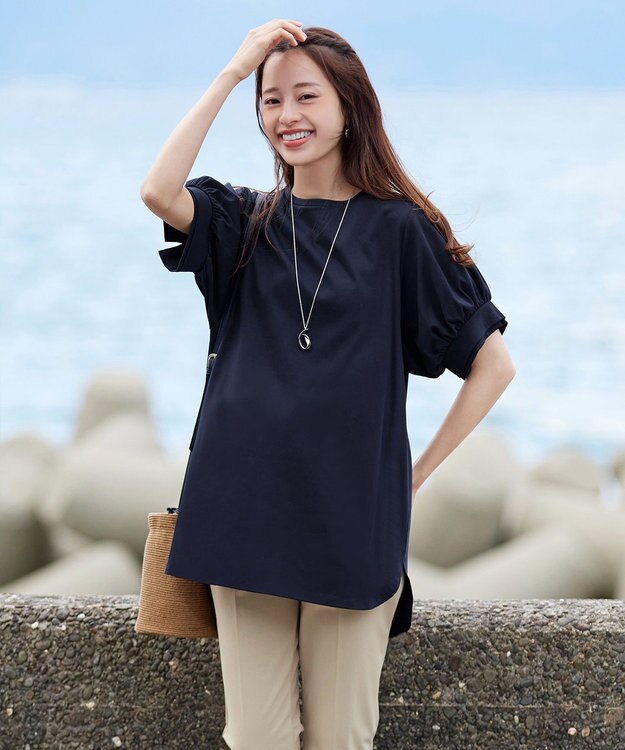 Tiaclasse 【UVケア・接触冷感】“あまラク” ボリュームパフスリーブカットソーチュニック ネイビー