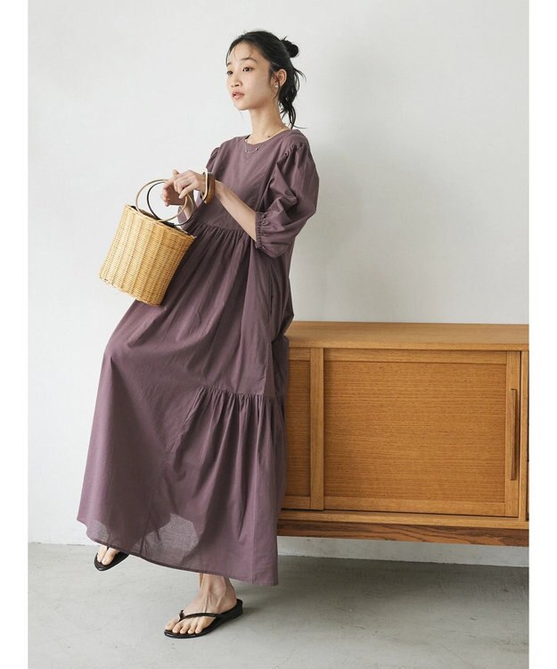 CRAFT STANDARD BOUTIQUE インド綿パフスリーブギャザーワンピース Purple
