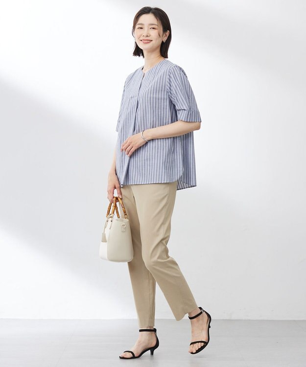 J.PRESS LADIES 【洗える】BEZ 空羽ストライプ クルーネック ブラウス ネイビー系