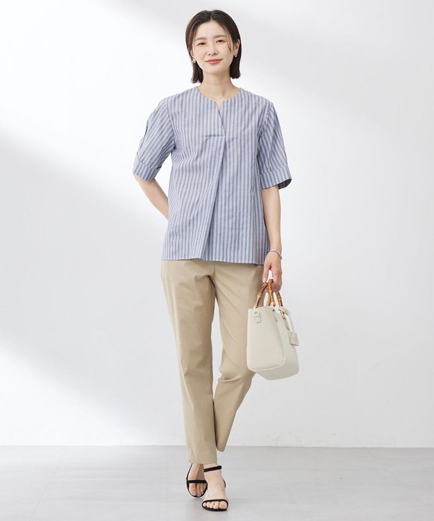 J.PRESS LADIES 【洗える】BEZ 空羽ストライプ クルーネック ブラウス ネイビー系